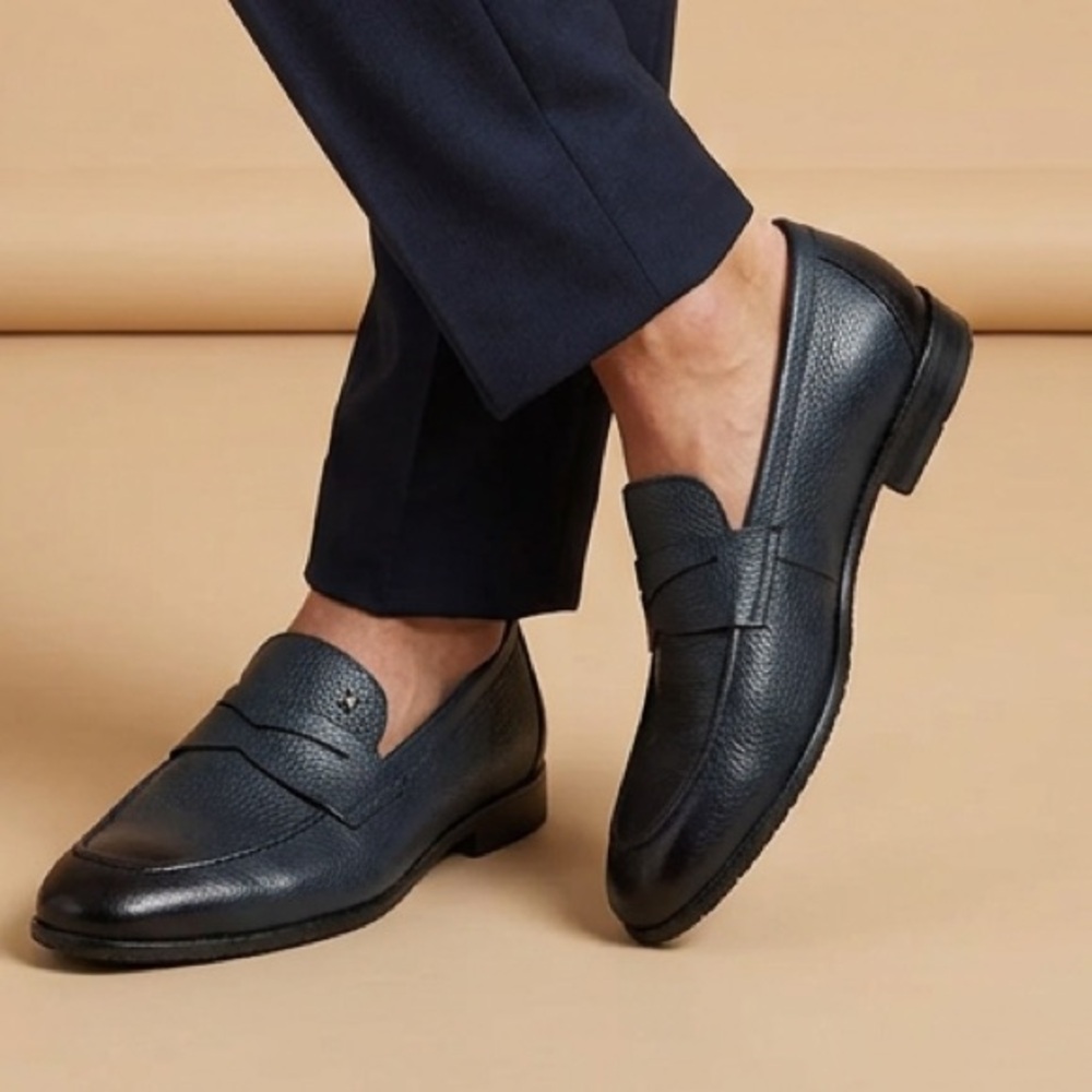 Alberto Ciccioli Men's Navy Soft Leather Slip-On Penny Loafers